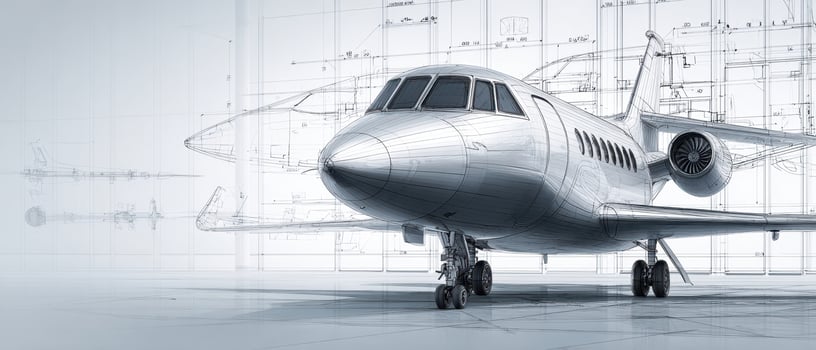 The aircraft design showcases a sleek jet in a technical blueprint style. photo