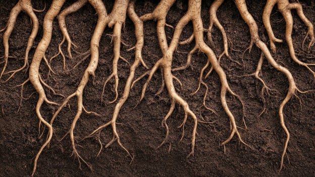 roots of a tree with brown soil photo