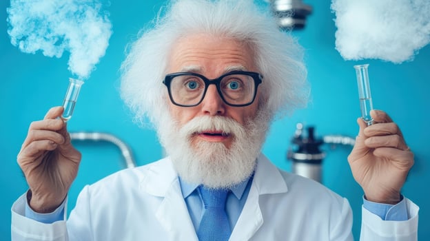 a man in a lab coat holding two test tubes photo
