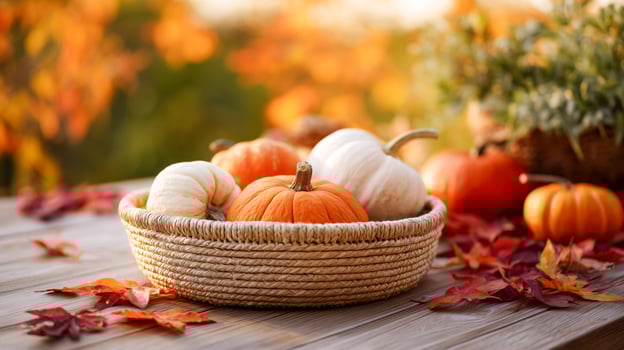 Pumpkins in a basket surrounded by leaves photo