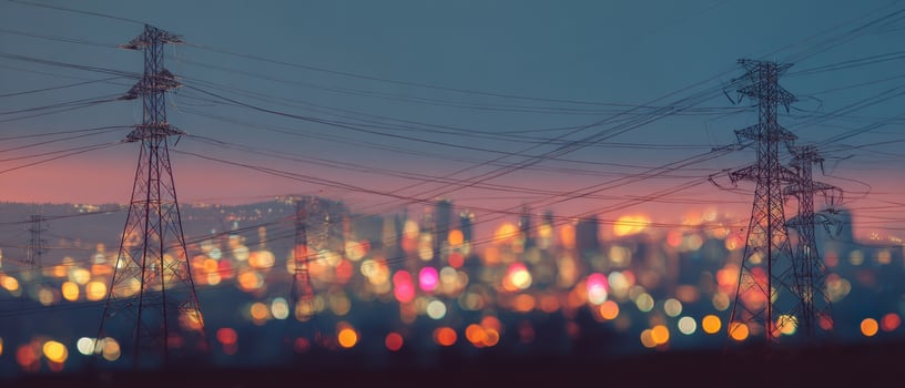 The towering power lines silhouetted against a vibrant city skyline at dusk. photo