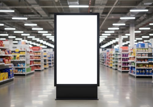 Blank digital signage display in supermarket aisle marketing mockup background photo