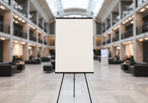 Blank canvas easel in modern lobby presentation opportunity photo