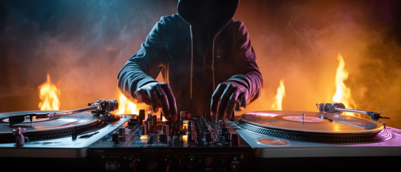 The DJ Mixing Beats Amidst Vibrant Flames in a Dynamic Performance photo