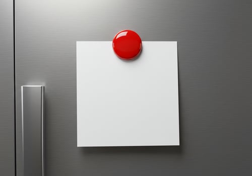 Blank note on refrigerator with red magnet notice and reminder photo