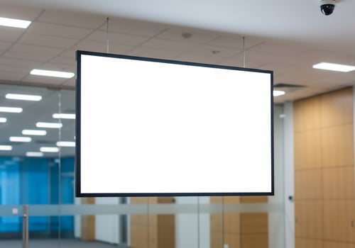Blank rectangular frame hanging from ceiling in commercial space photo