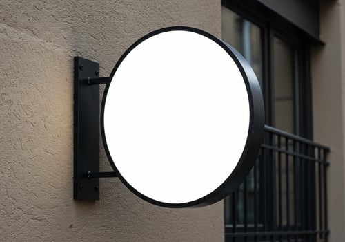 Blank round sign mockup on building exterior with copy space for advertising and retail branding photo
