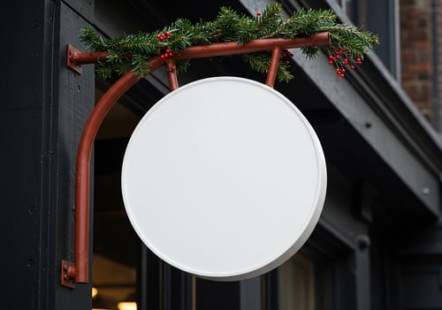 Blank round sign with festive garland for custom advertising mockup photo