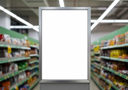 Blank sign in retail setting display advertisement mockup photo
