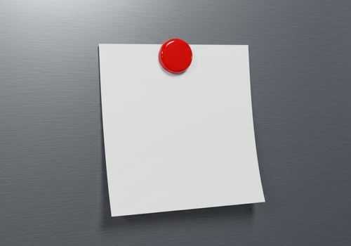 Blank white note attached on metal background with round magnet for message or reminder photo
