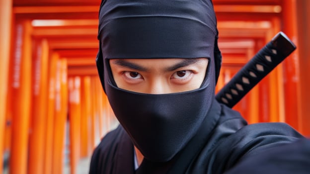 a man in a ninja mask is taking a selfie photo