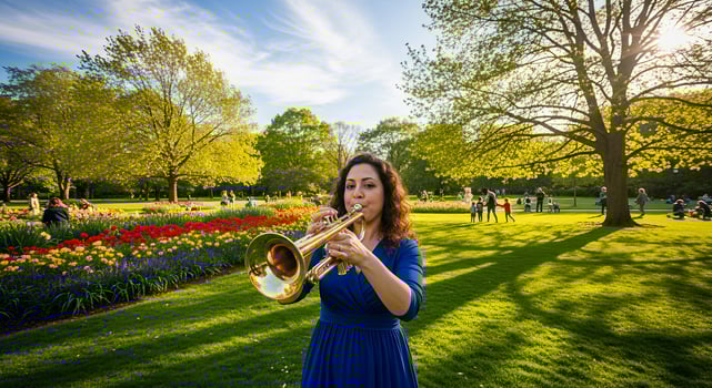 A woman playing the trumpet in a park photo