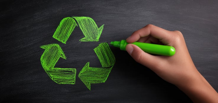The hand illustrating a vibrant green recycling symbol on a chalkboard. photo