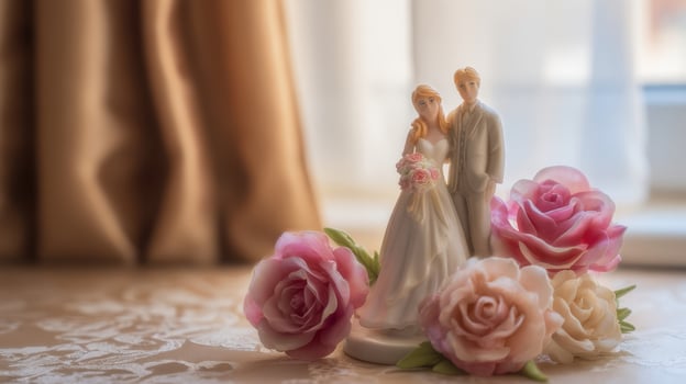 The elegant wedding figurine surrounded by beautiful roses on a table. photo