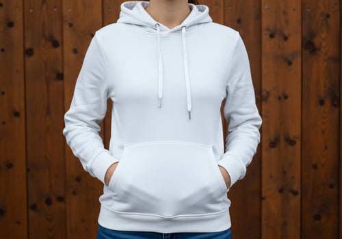 Person wearing white hoodie mockup against wood wall simple apparel design photo