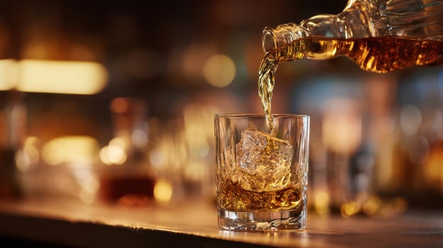 The whiskey being poured over ice in a stylish glass photo