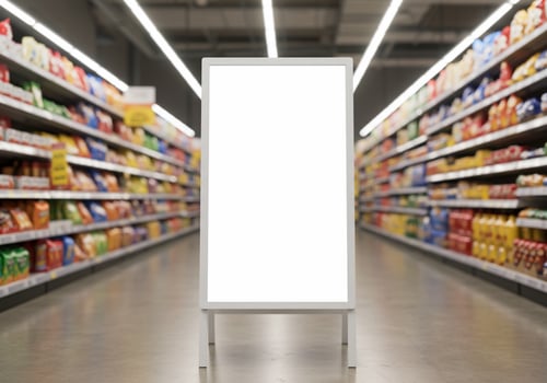Blank advertising sign inside supermarket aisle business advertisement photo