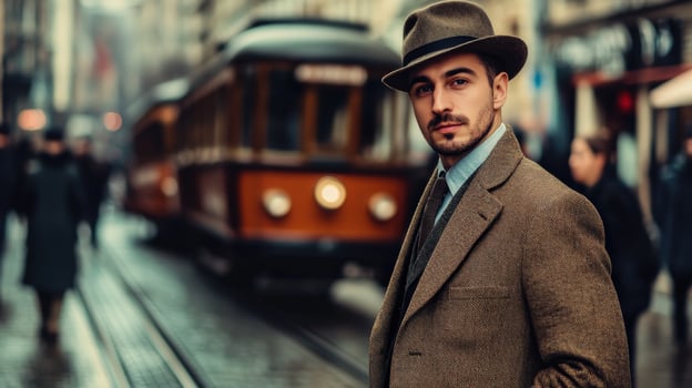a man in a hat and suit standing in front of a train photo