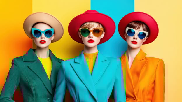 three women in colorful suits and hats photo