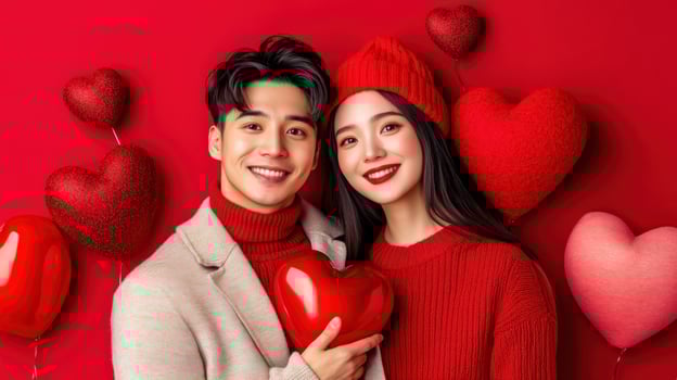 couple in love with hearts on red background photo