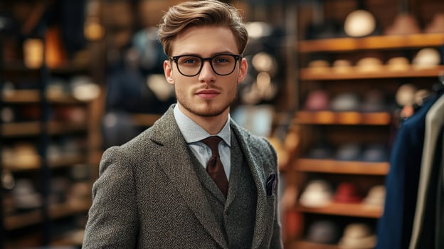 a man in glasses and a suit standing in front of a rack of hats photo