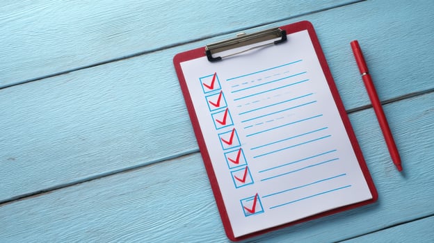 The checklist on a clipboard with check marks and a red pen. photo