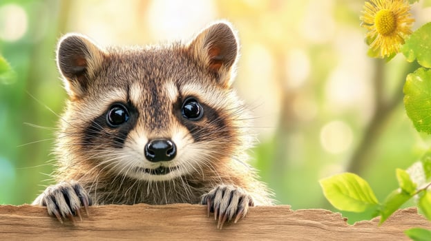 a raccoon peeking over a wooden fence photo