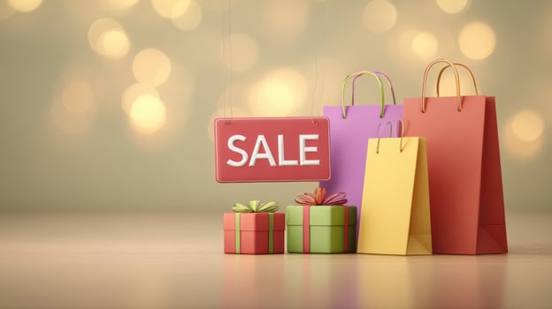 The vibrant assortment of gift bags and boxes with a sale sign photo