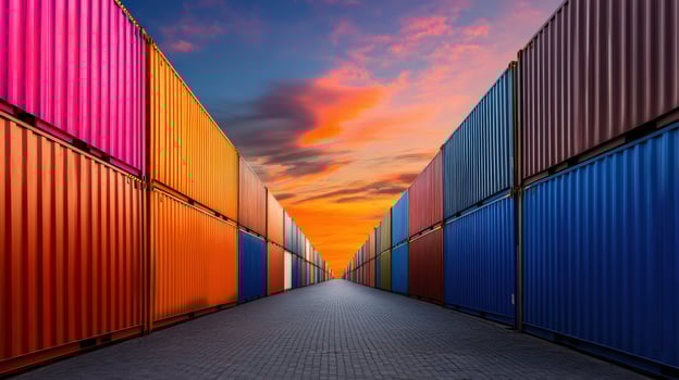 colorful cargo containers at sunset photo
