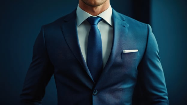 a man in a suit and tie standing in front of a blue wall photo
