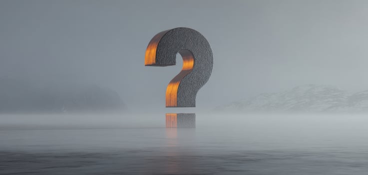 The question mark standing bold in a foggy, reflective landscape. photo