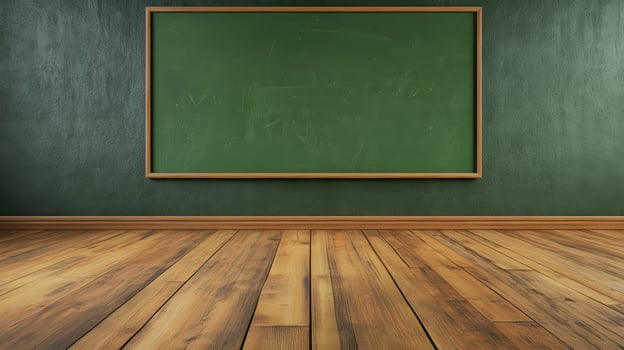 empty room with green chalkboard and wooden floor photo