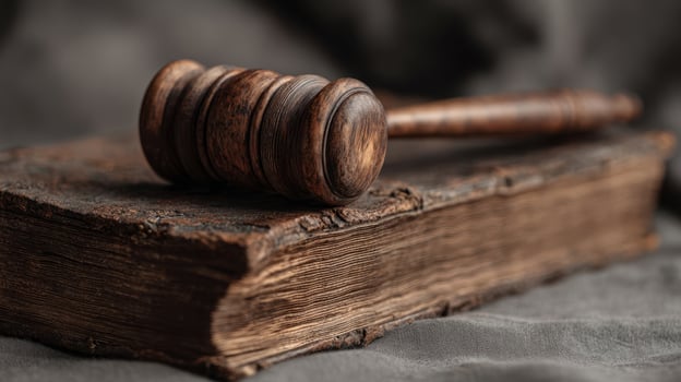 The gavel rests on an antique book symbolizing law and justice. photo