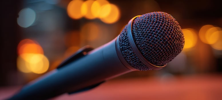 The microphone on stage illuminated by bokeh lights in the background photo