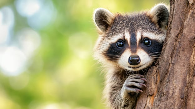 a raccoon peeks out from behind a tree photo