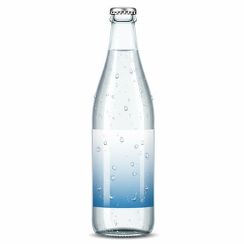 Glass bottle of water with condensation and a blue label on white background photo