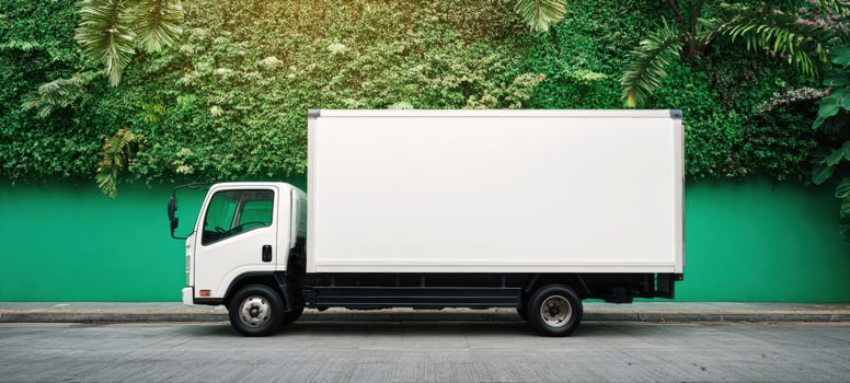 The white delivery truck parked in front of a lush green wall. photo