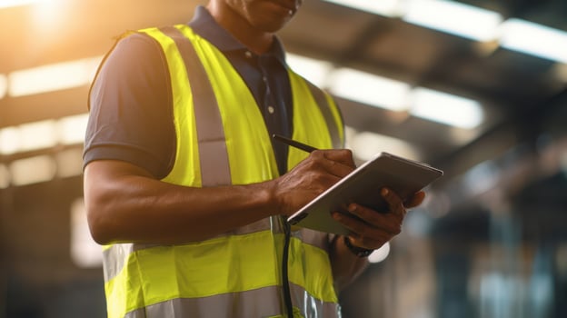 The professional worker utilizing a tablet for inspection in an industrial setting photo