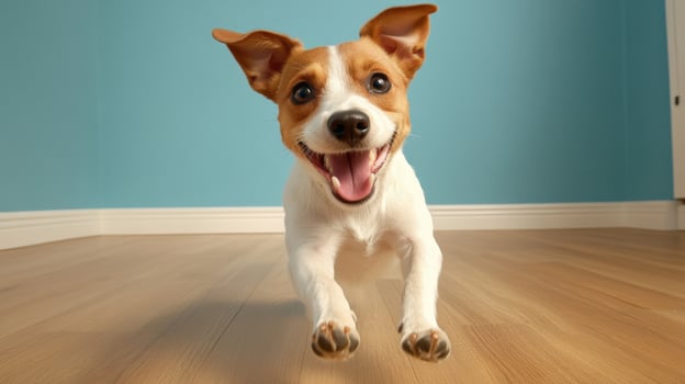a dog running on a hardwood floor photo