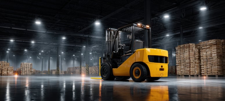 The yellow forklift in a spacious industrial warehouse environment with wooden pallets. photo