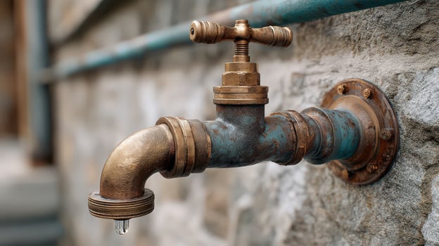 Vintage water faucet with rustic design, featuring patina finish and single droplet hanging from spout. faucet is mounted on stone wall, showcasing blend of natural materials and craftsmanship photo