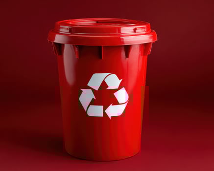 Red recycling bin with lid on red background, symbol for environmental care and waste management, bright plastic container for sorting recyclable materials photo
