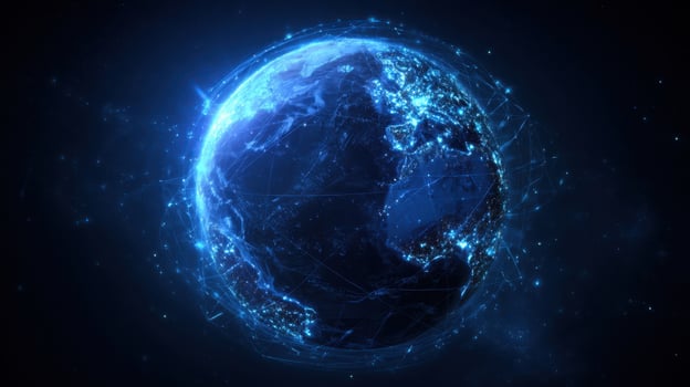 The Glowing Earth Surrounded by Digital Connections and Data Visualization photo