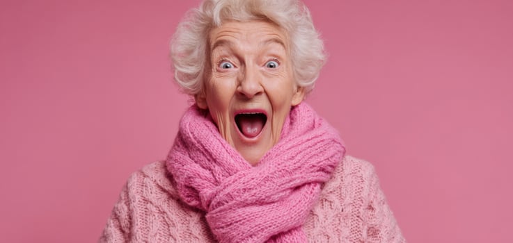 The joyful elderly woman with a pink scarf expressing excitement and happiness. photo