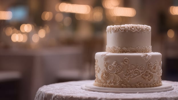 The elegant wedding cake adorned with intricate designs and delicate details. photo