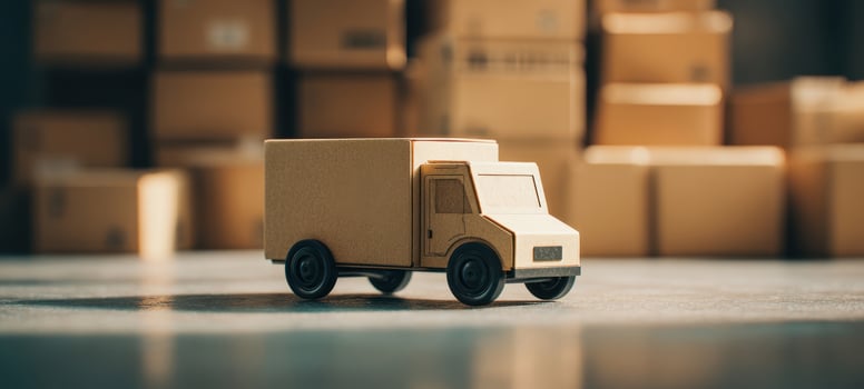 The toy truck surrounded by cardboard boxes in a shipping warehouse. photo