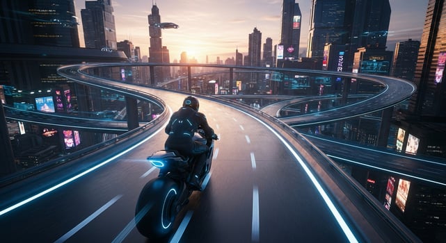 A man riding a motorcycle on a city street photo