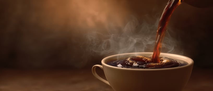 The close-up of coffee being poured into a steaming cup. photo