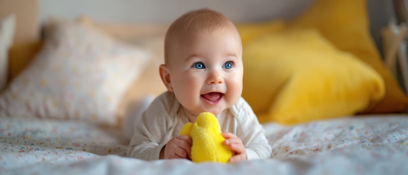 The joyful baby enjoying playtime with a cheerful yellow toy. photo