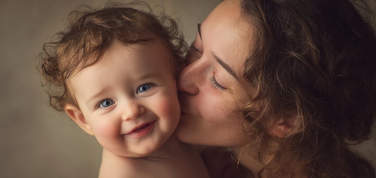 The tender moment between a mother and her joyful baby. photo